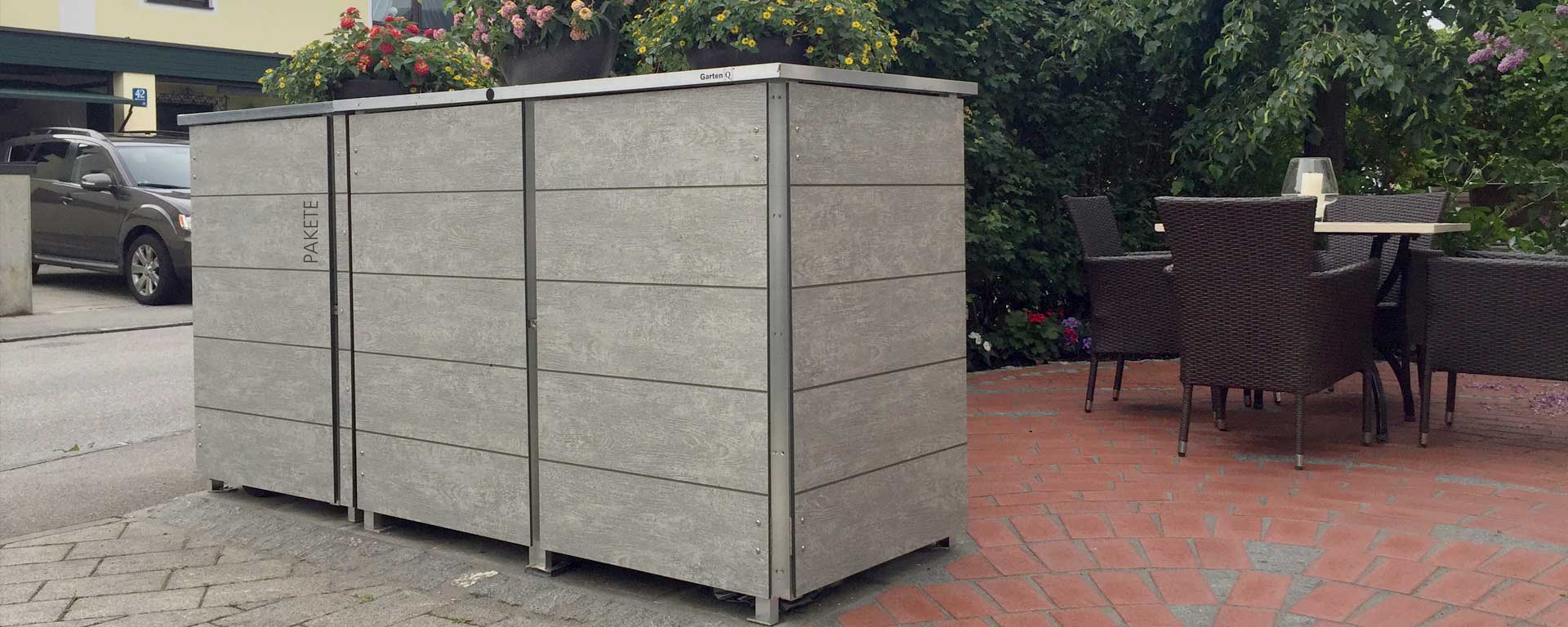 Müllcontainer im modernen Design mit Paketbox